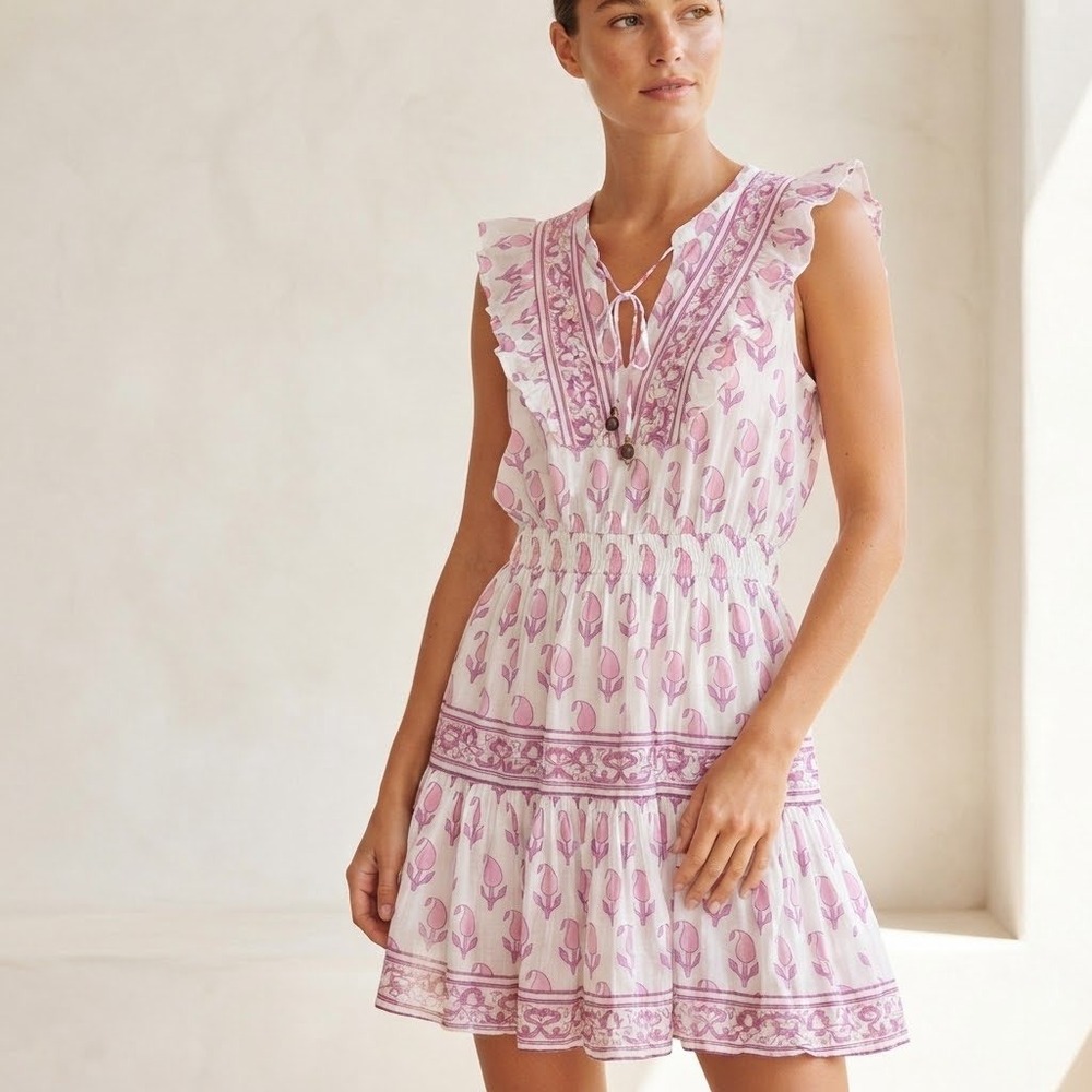 Oliphant Jardin Pink White Floral Block Print Ruffle Tiered Dress Size Small